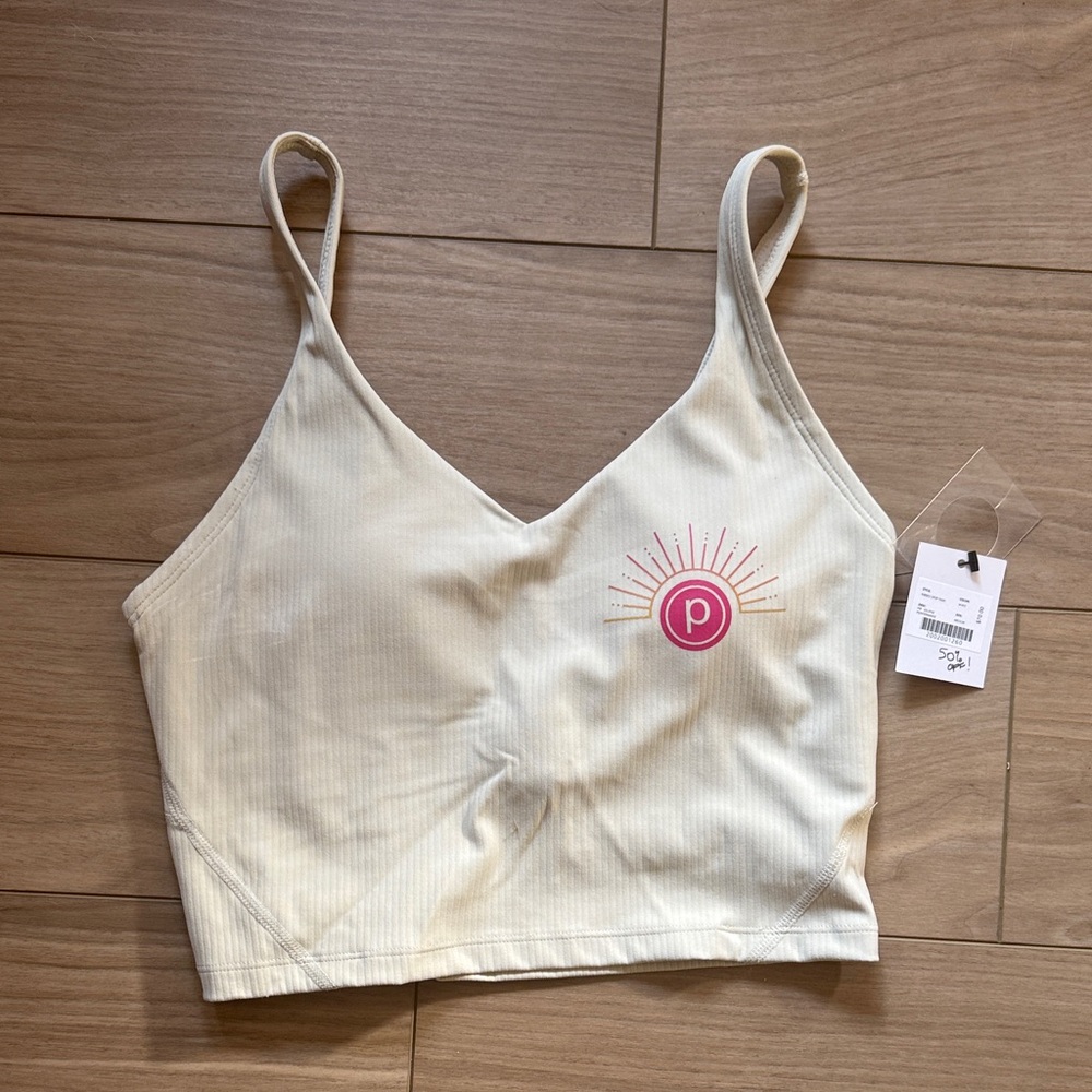Pure Barre Cream Ribbed Tank Top with Pink Logo